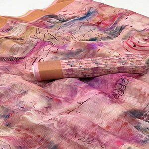 Pink Floral Digital Printed Cotton Blend Saree