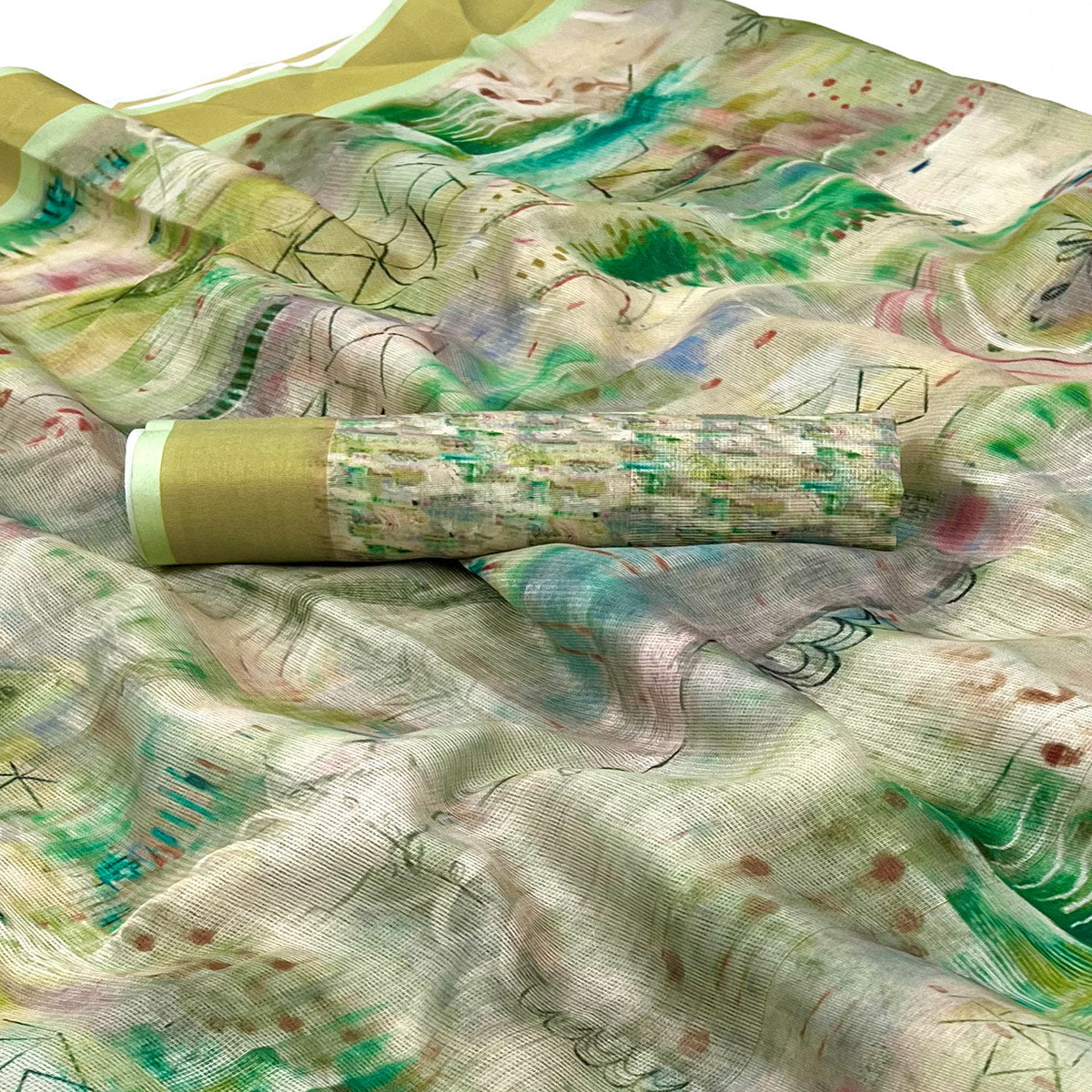 Green Floral Digital Printed Cotton Blend Saree
