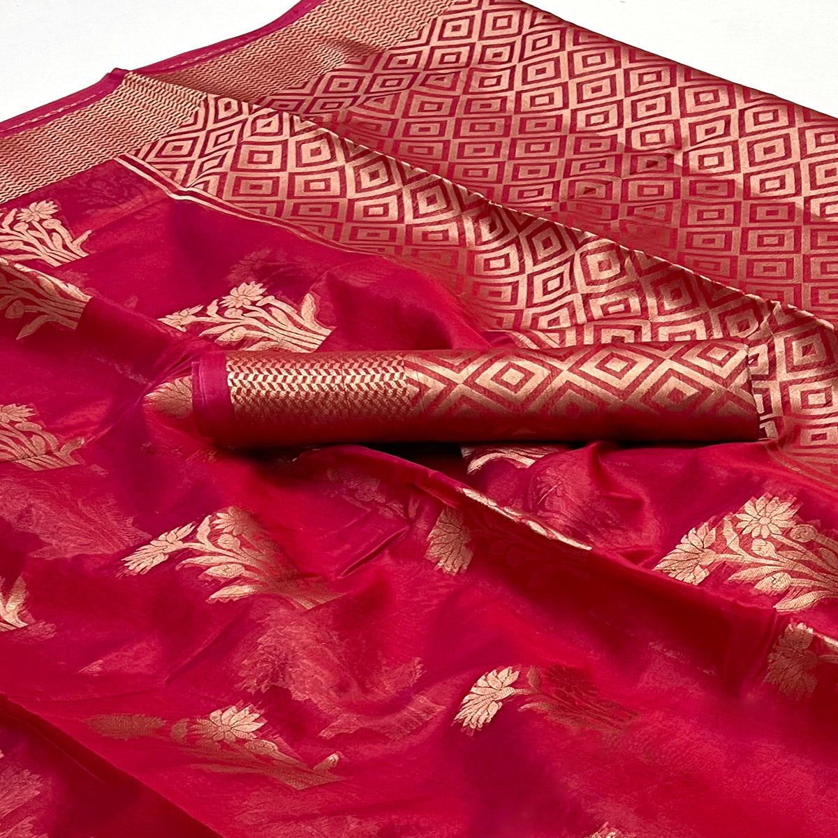 Red Floral Woven Organza Saree