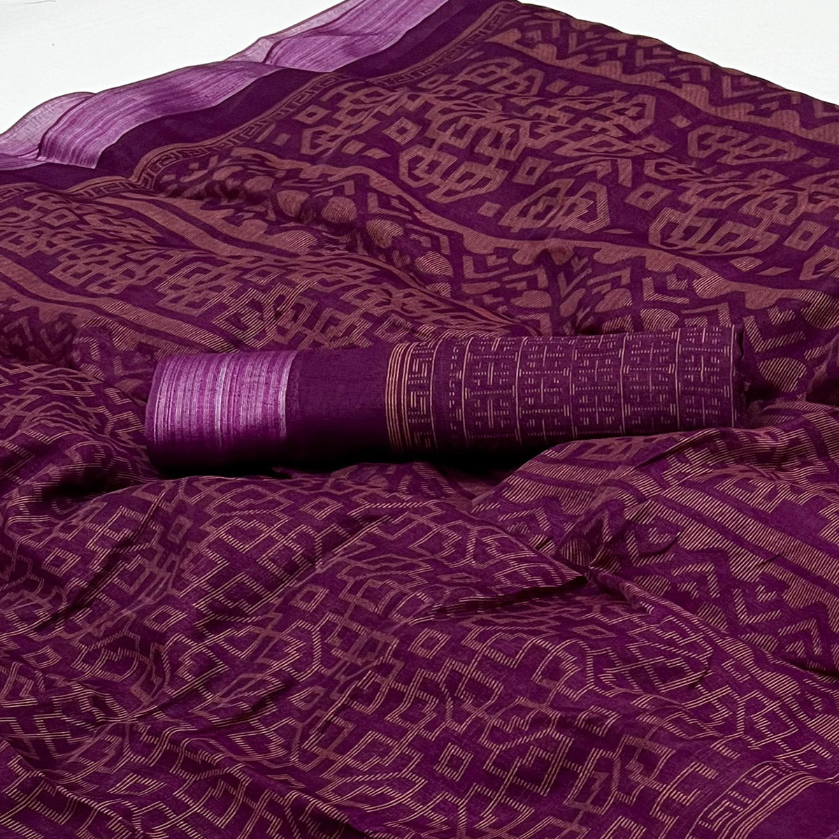 Purple Printed Cotton Blend Saree