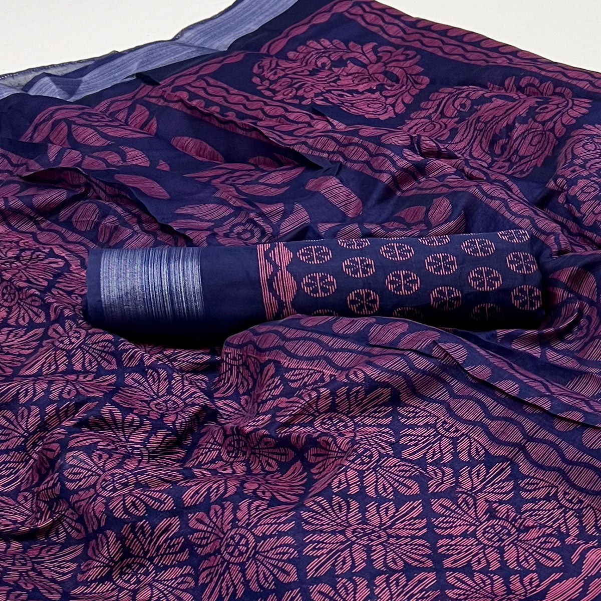 Blue Printed Cotton Blend Saree