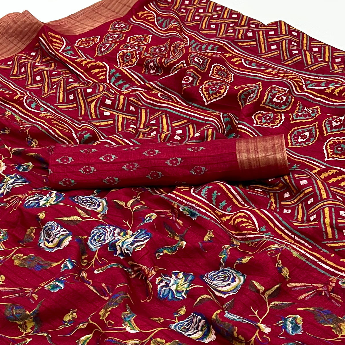 Maroon Floral Printed Cotton Blend Saree