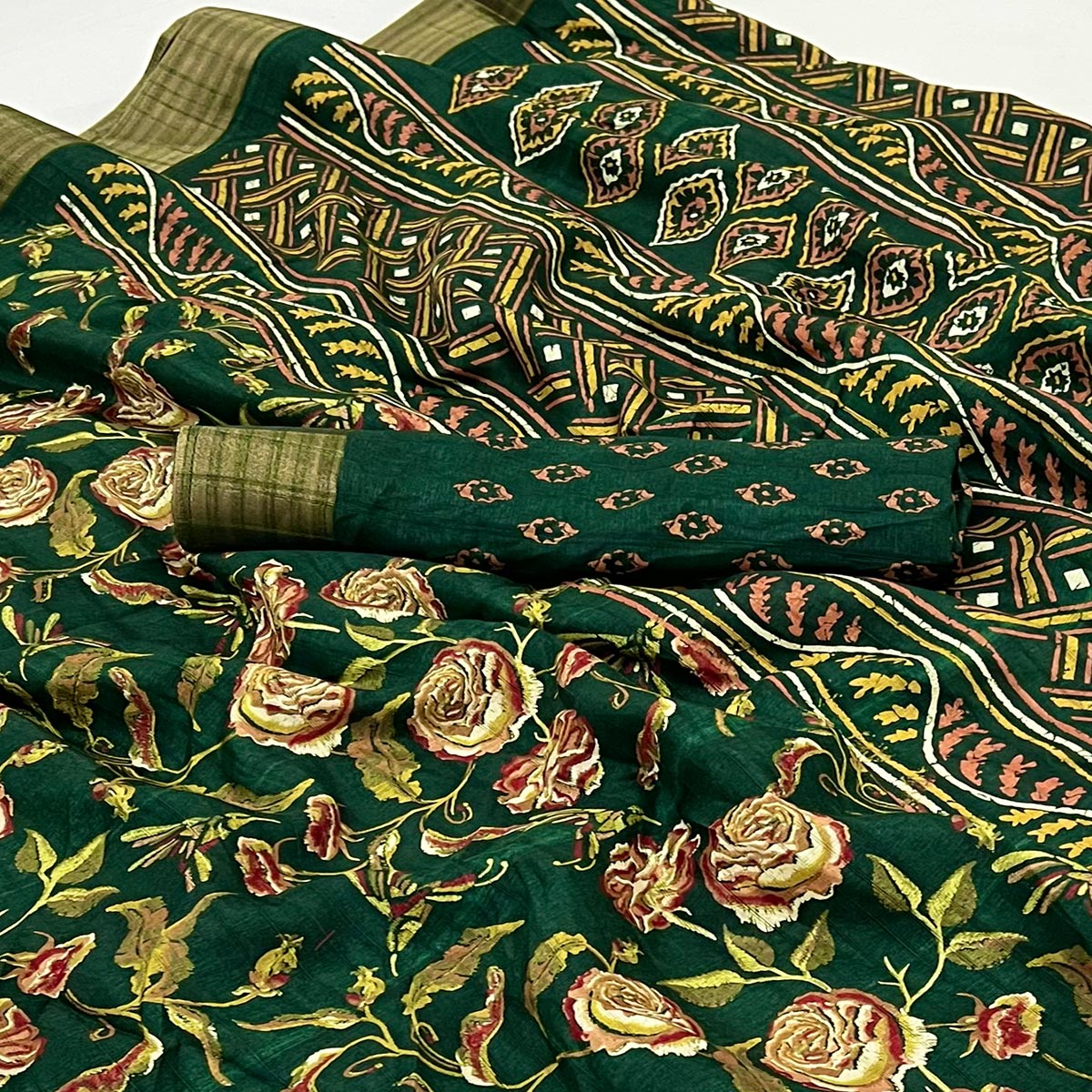 Green Floral Printed Cotton Blend Saree