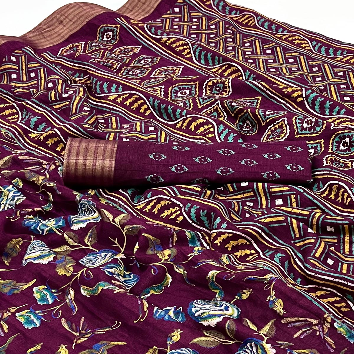 Wine Floral Printed Cotton Blend Saree