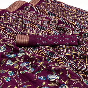 Wine Floral Printed Cotton Blend Saree
