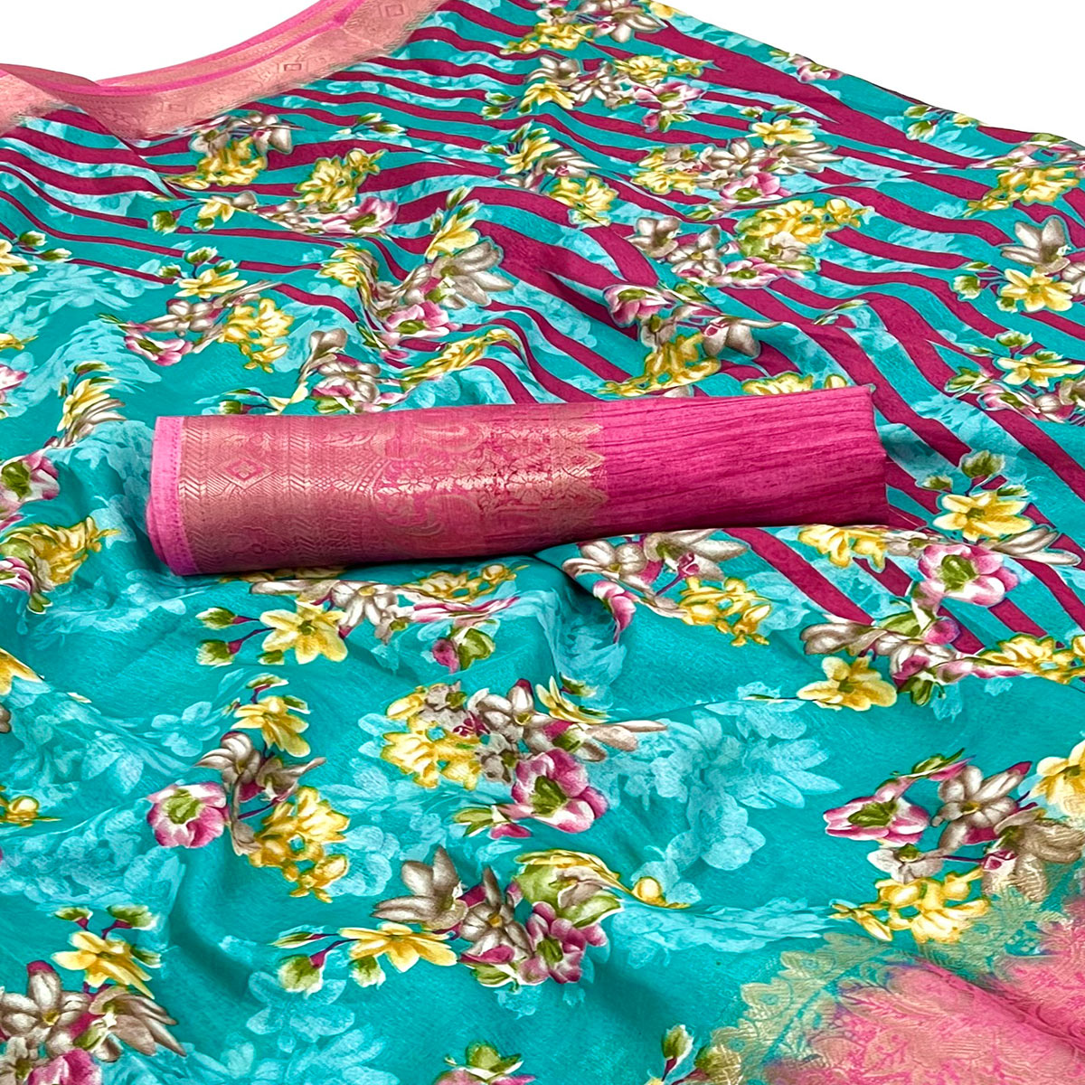 Rama Blue Floral Printed With Woven Border Dola Silk Saree
