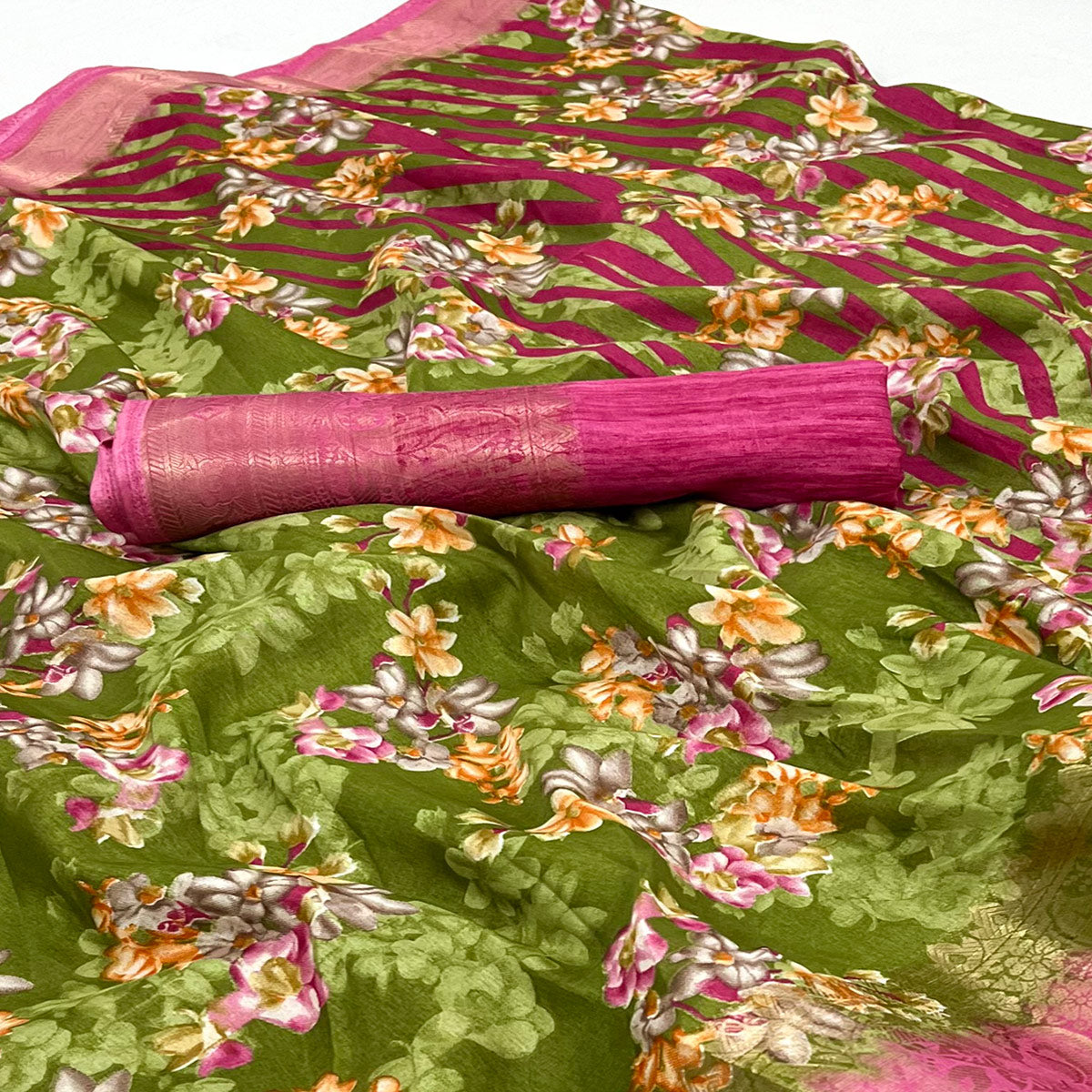Green Floral Printed With Woven Border Dola Silk Saree