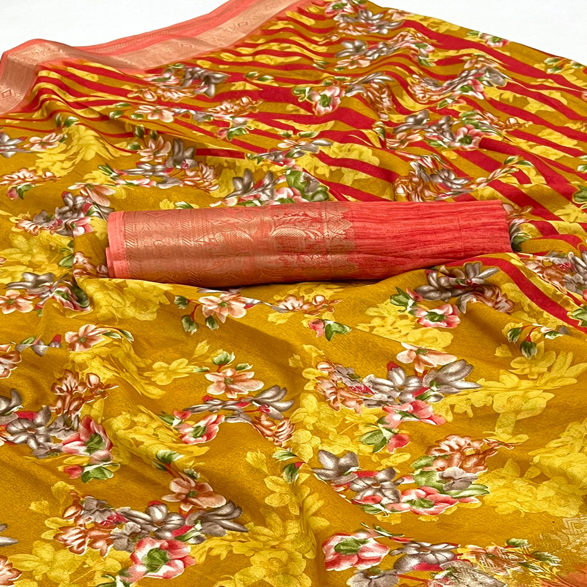 Mustard Floral Printed With Woven Border Dola Silk Saree