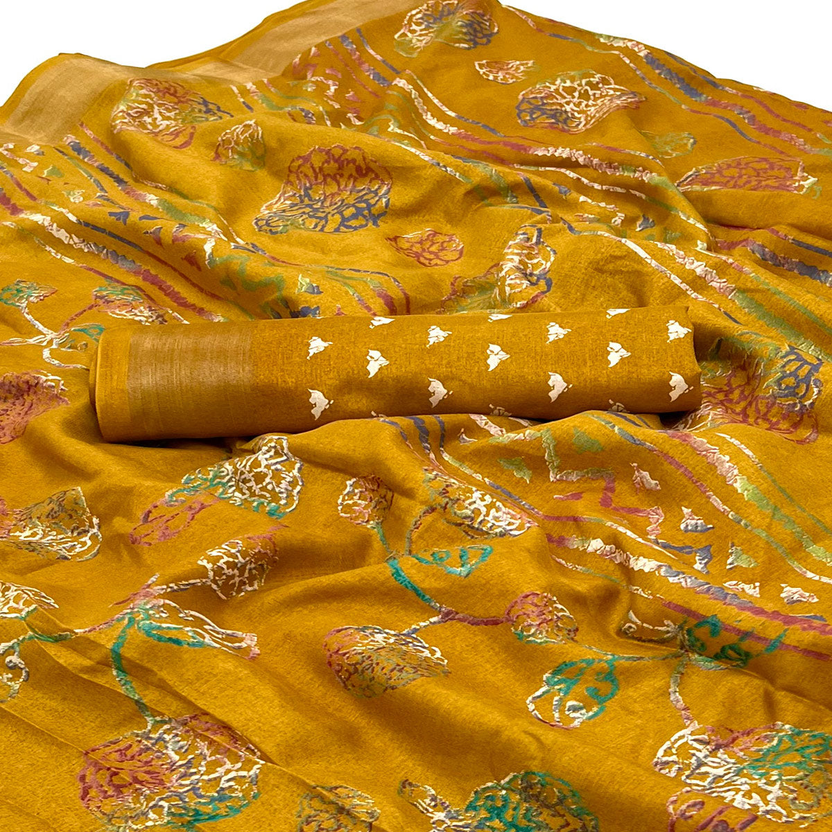 Mustard Floral Printed Dola Silk Saree