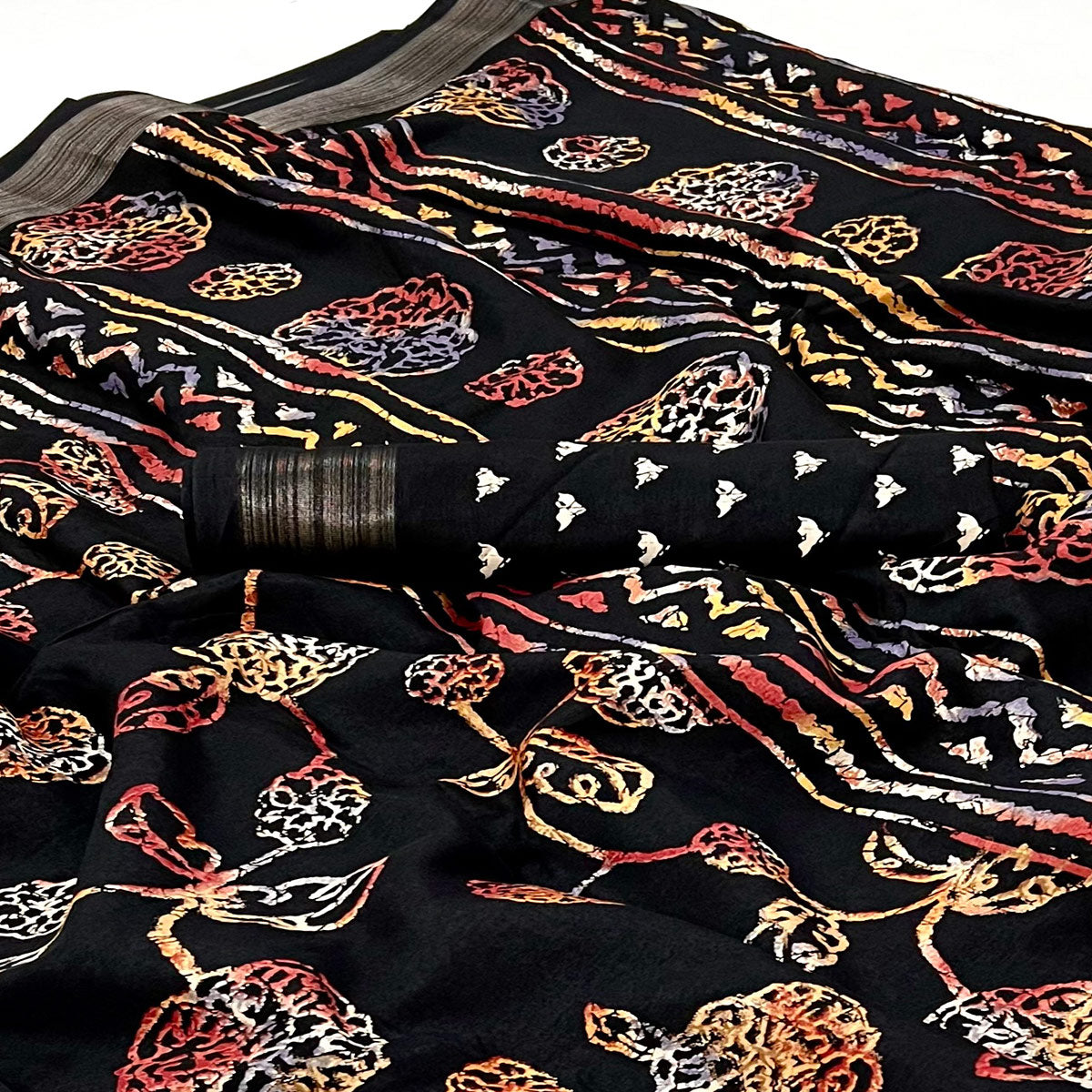 Black Floral Printed Dola Silk Saree