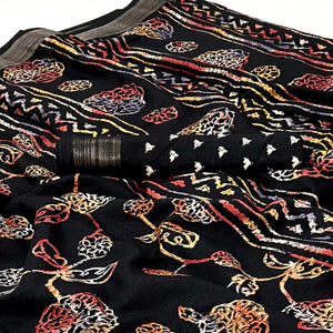 Black Floral Printed Dola Silk Saree