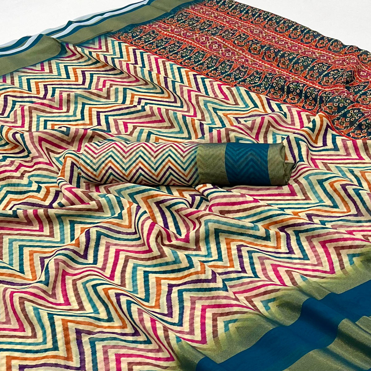 Teal Blue Geometric Digital Printed Georgette Saree