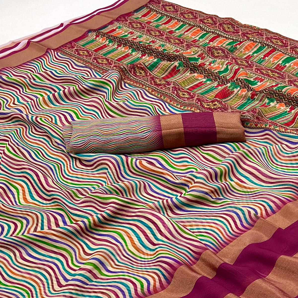 Wine Striped Digital Printed Georgette Saree