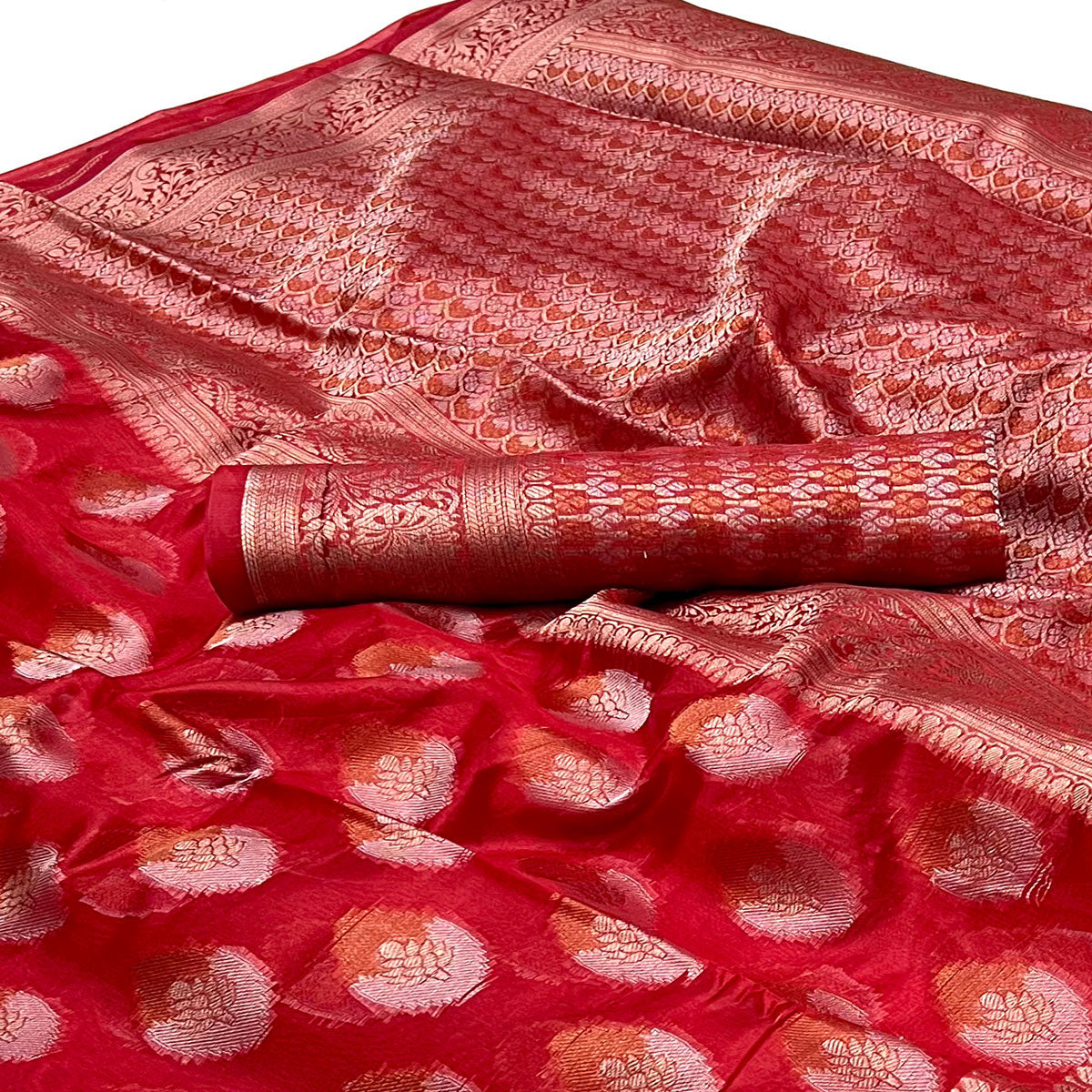 Red Floral Woven Organza Saree