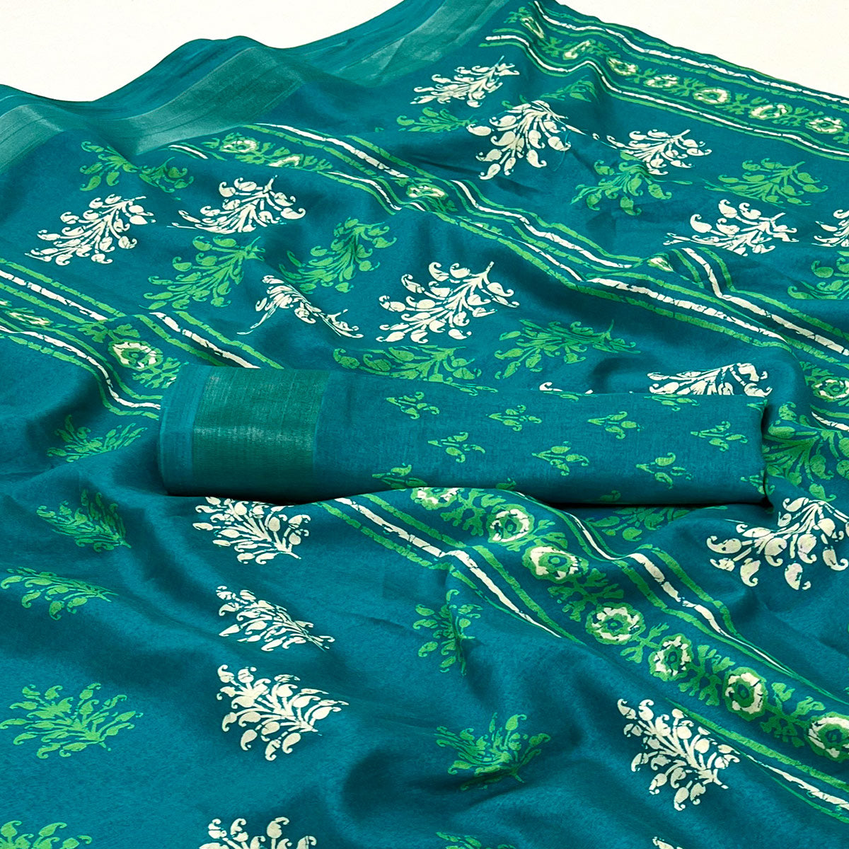 Rama Blue Printed Dola Silk Saree With Woven Border