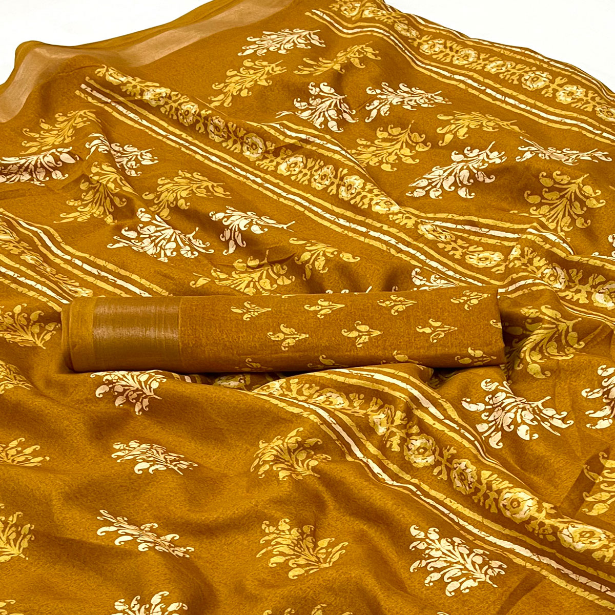 Mustard Printed Dola Silk Saree With Woven Border