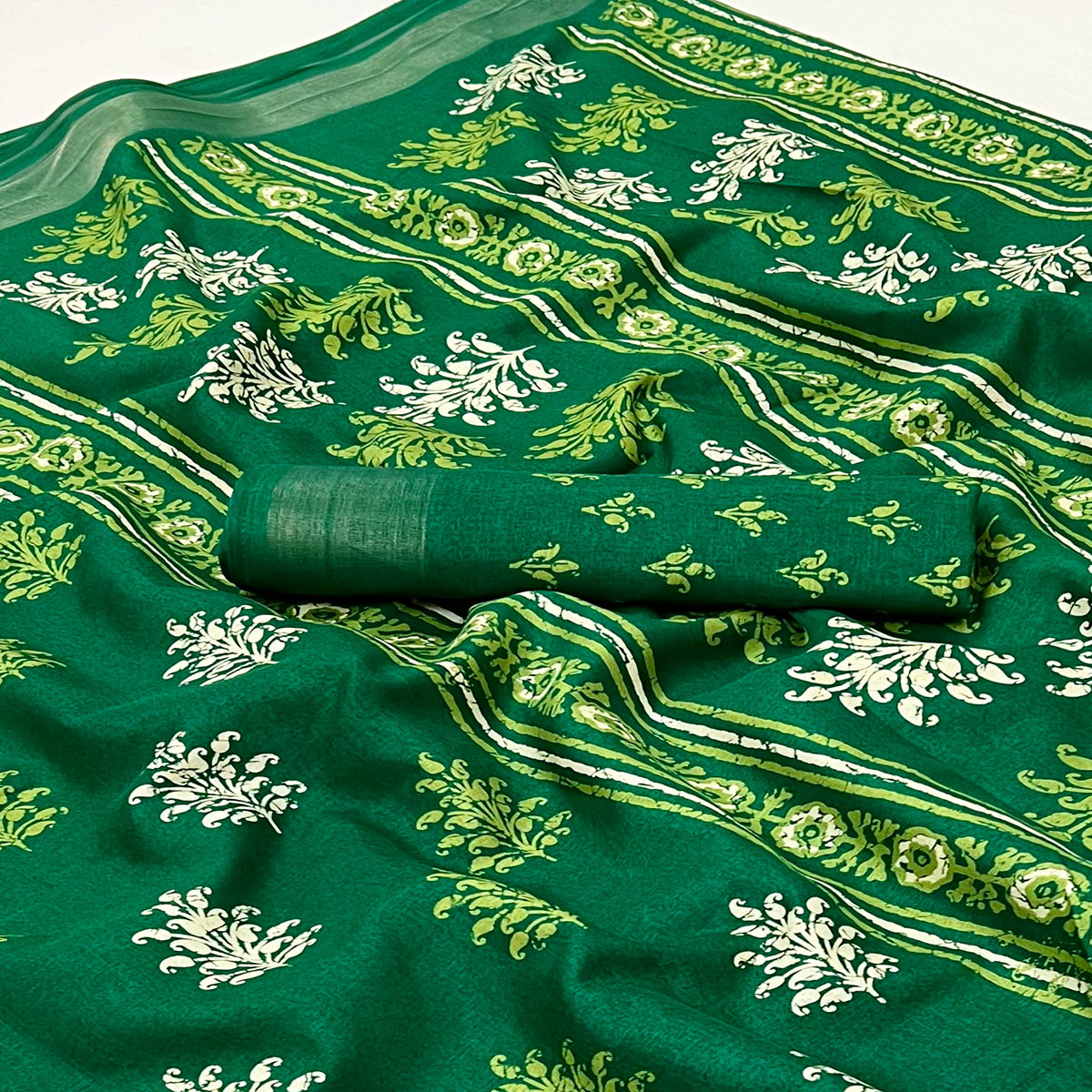 Green Printed Dola Silk Saree With Woven Border