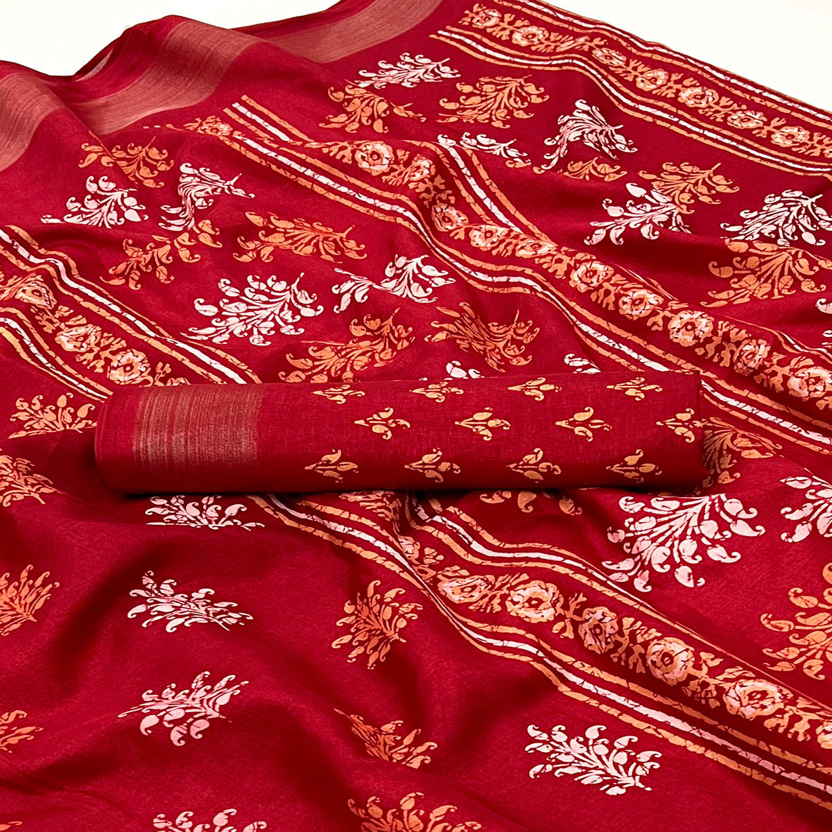 Red Printed Dola Silk Saree With Woven Border