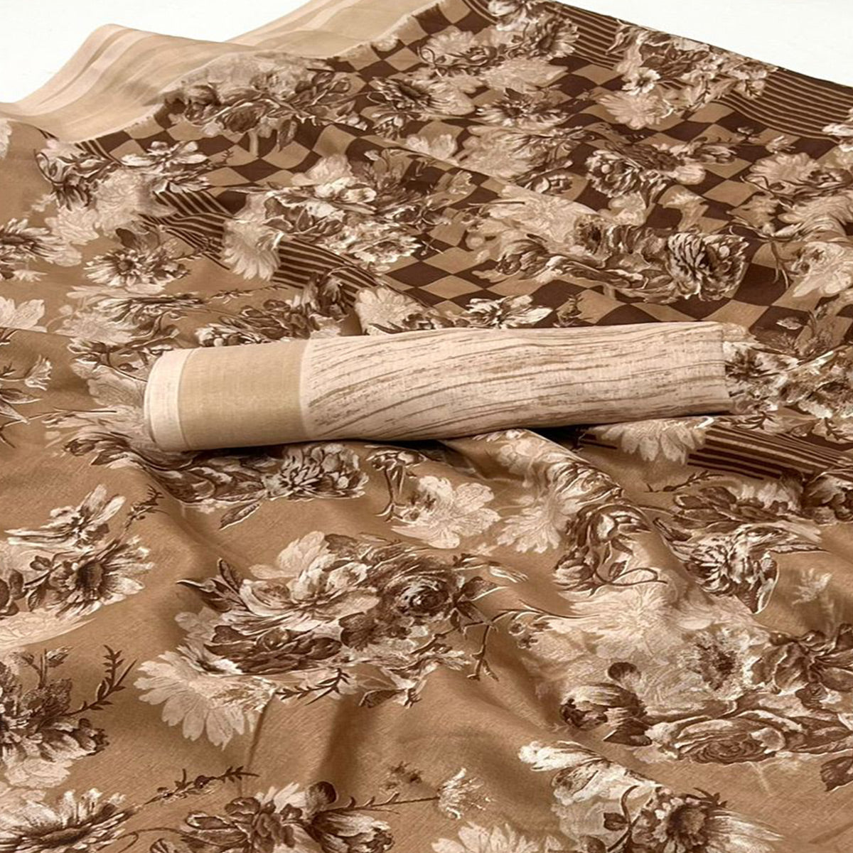 Brown Floral Printed Dola Silk Saree With Woven Border