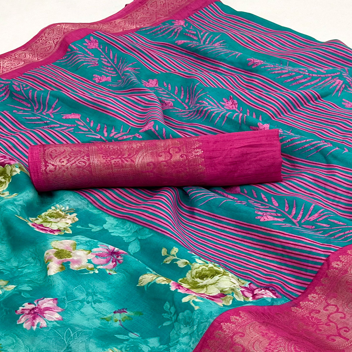 Blue Floral Printed Dola Silk Saree With Woven Border