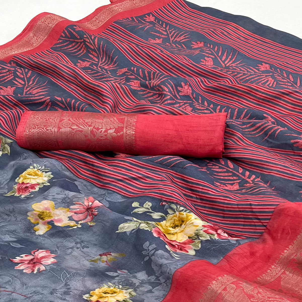 Grey Floral Printed Dola Silk Saree With Woven Border