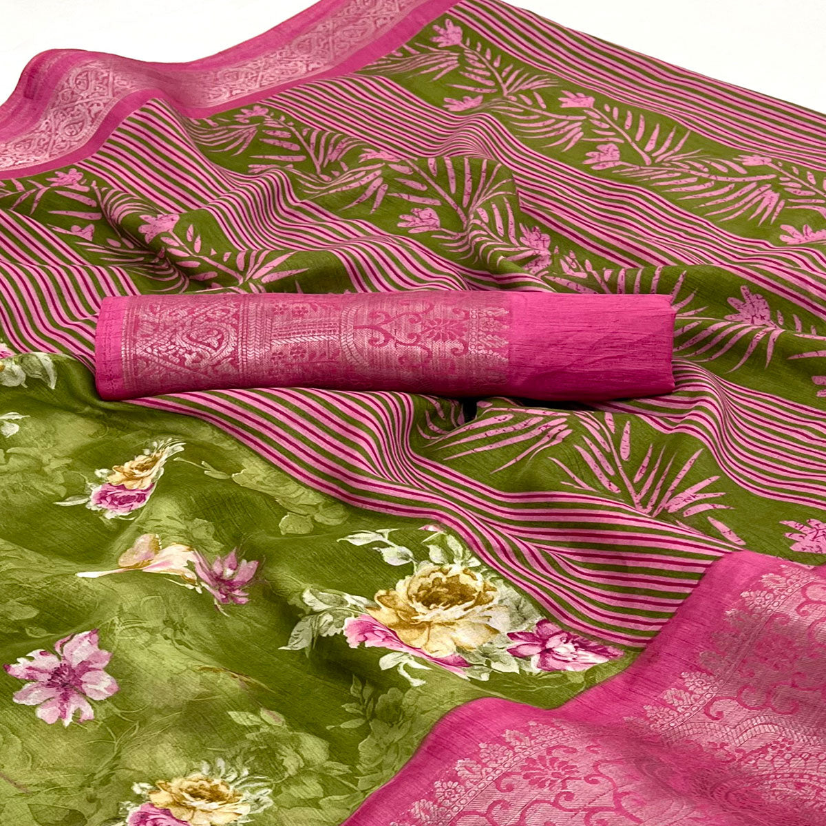 Olive Floral Printed Dola Silk Saree With Woven Border