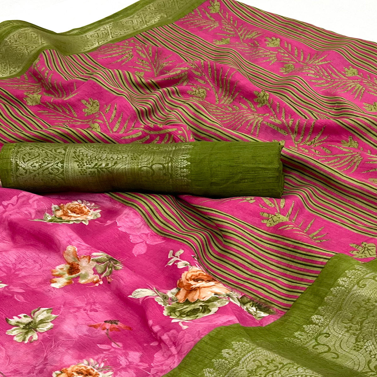 Rani Pink Floral Printed Dola Silk Saree With Woven Border