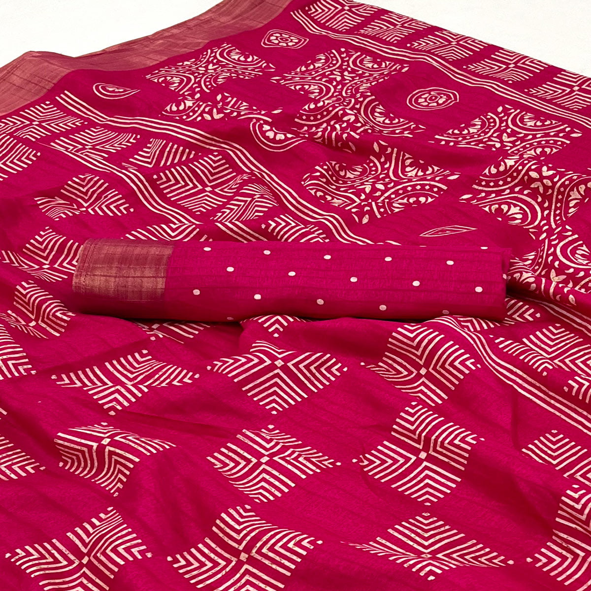 Rani Pink Printed Cotton Blend Saree With Woven Border