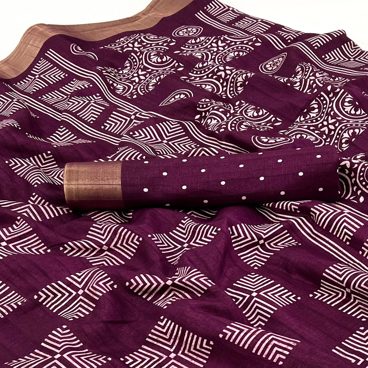 Wine Printed Cotton Blend Saree With Woven Border