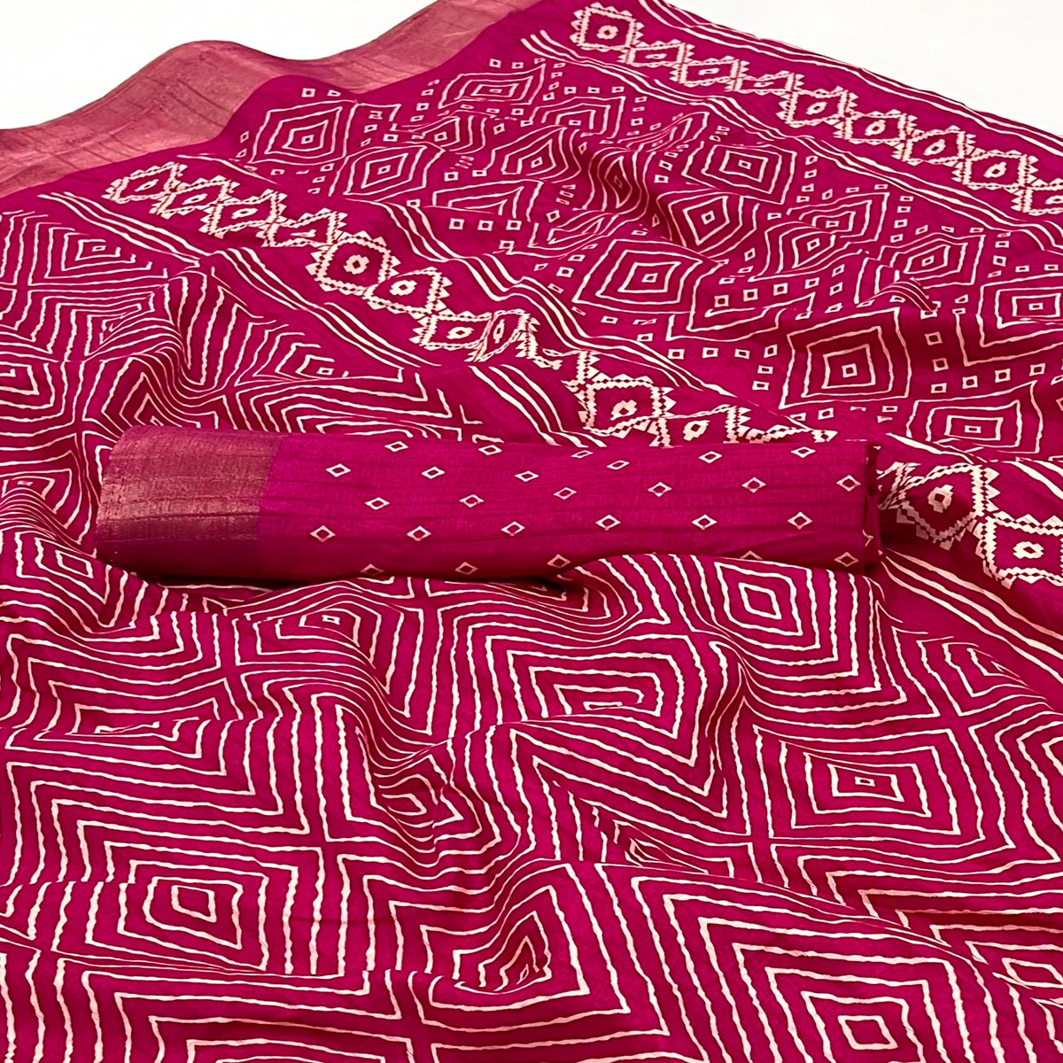 Rani Pink Printed Cotton Blend Saree With Woven Border