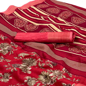 Red Floral Printed Dola Silk Saree With Woven Border