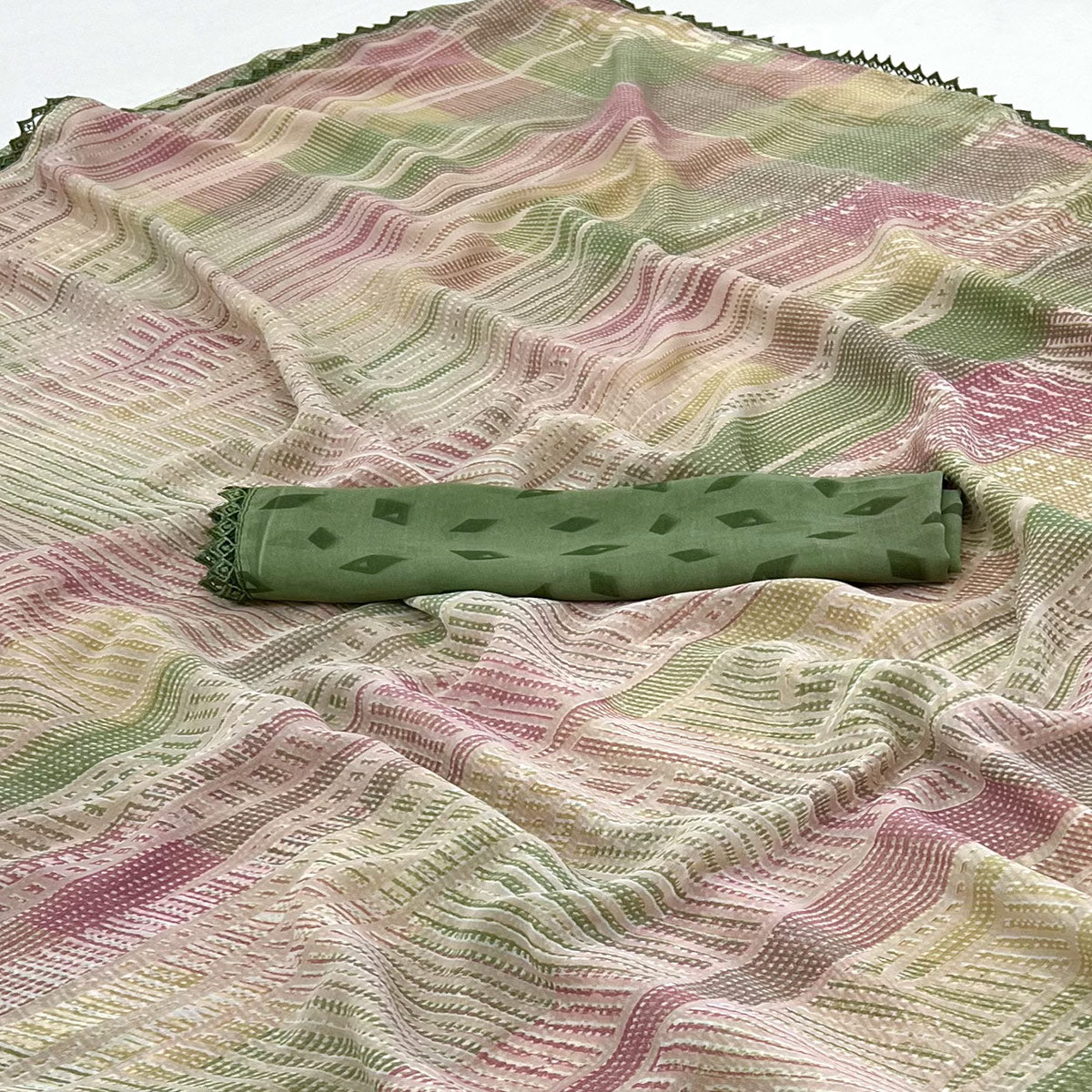 Green Printed Georgette Saree With Fancy Border