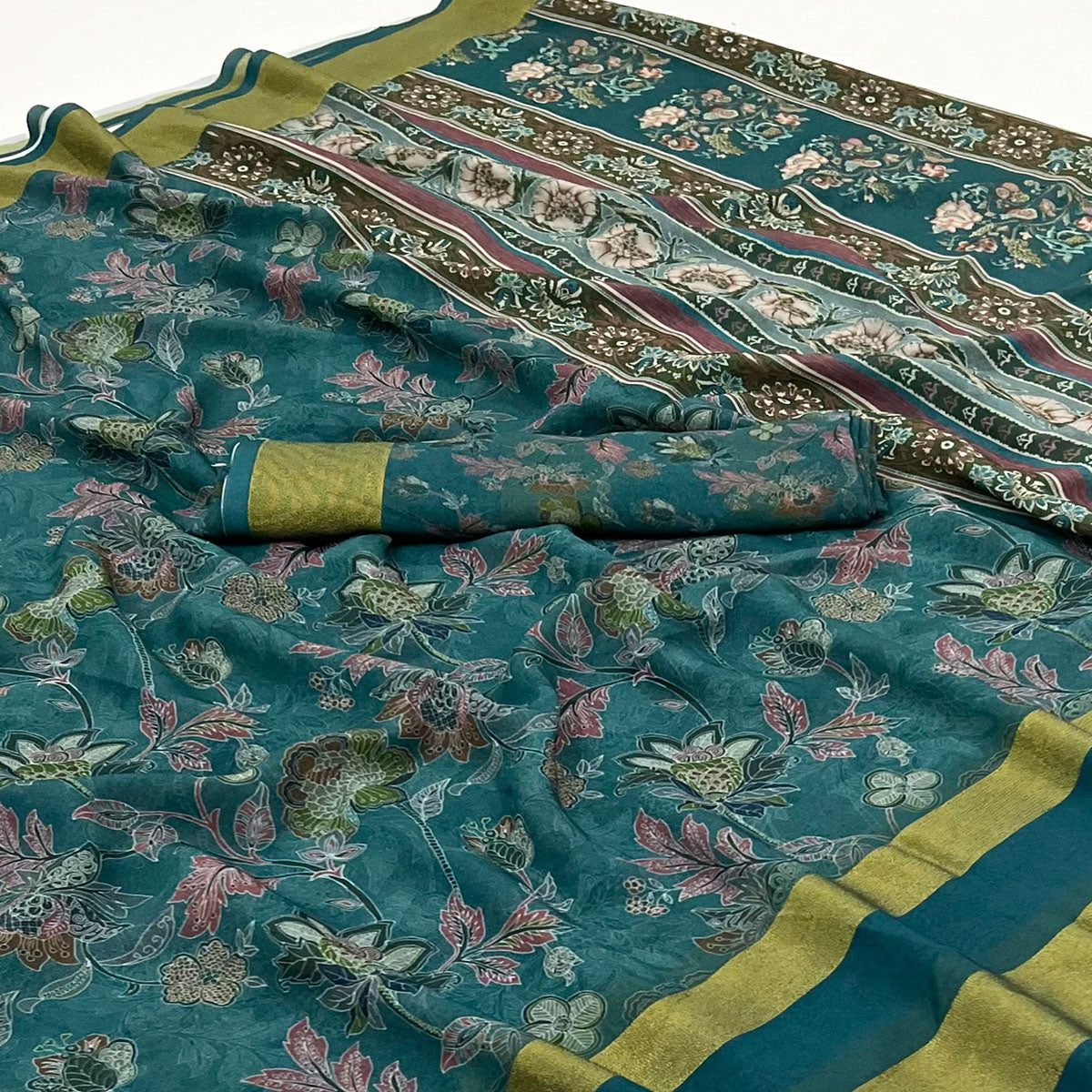 Blue Floral Digital Printed Georgette Saree