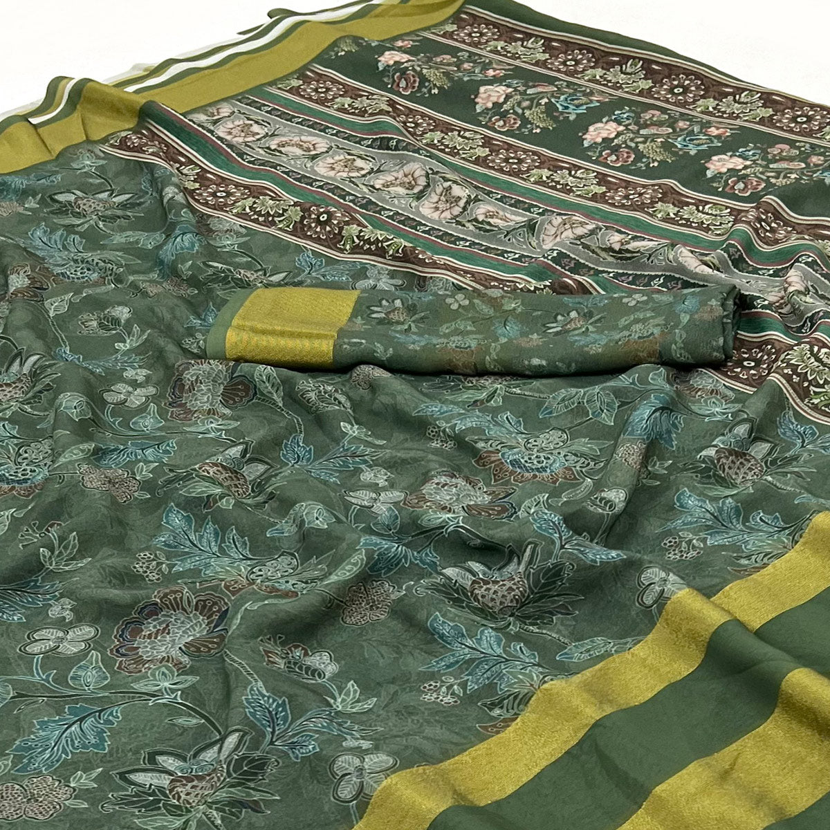 Green Floral Digital Printed Georgette Saree