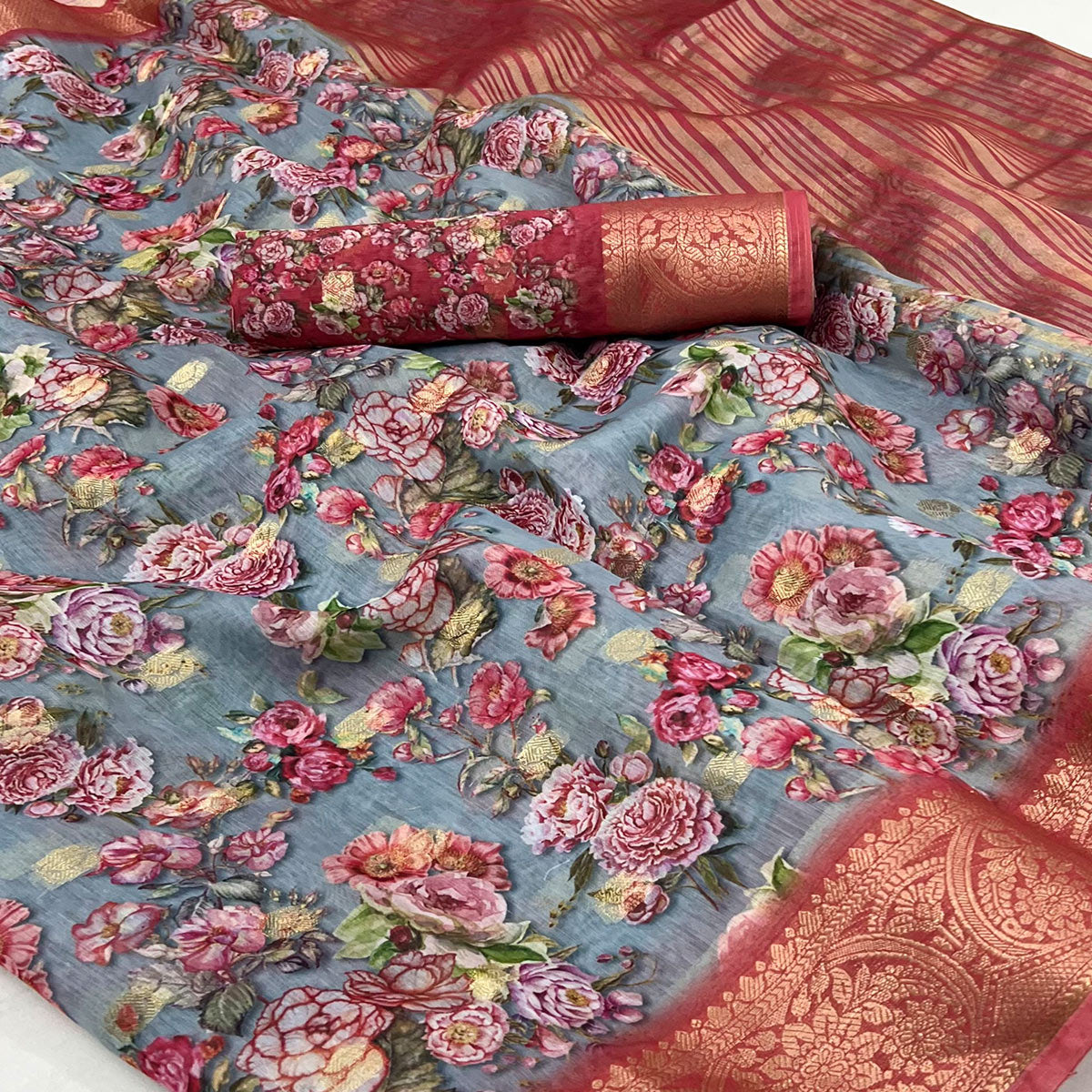 Slate Grey Floral Digital Printed With Woven Border Cotton Silk Saree