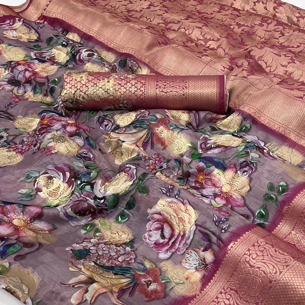 Mauve Floral Digital Printed With Woven Border Cotton Silk Saree
