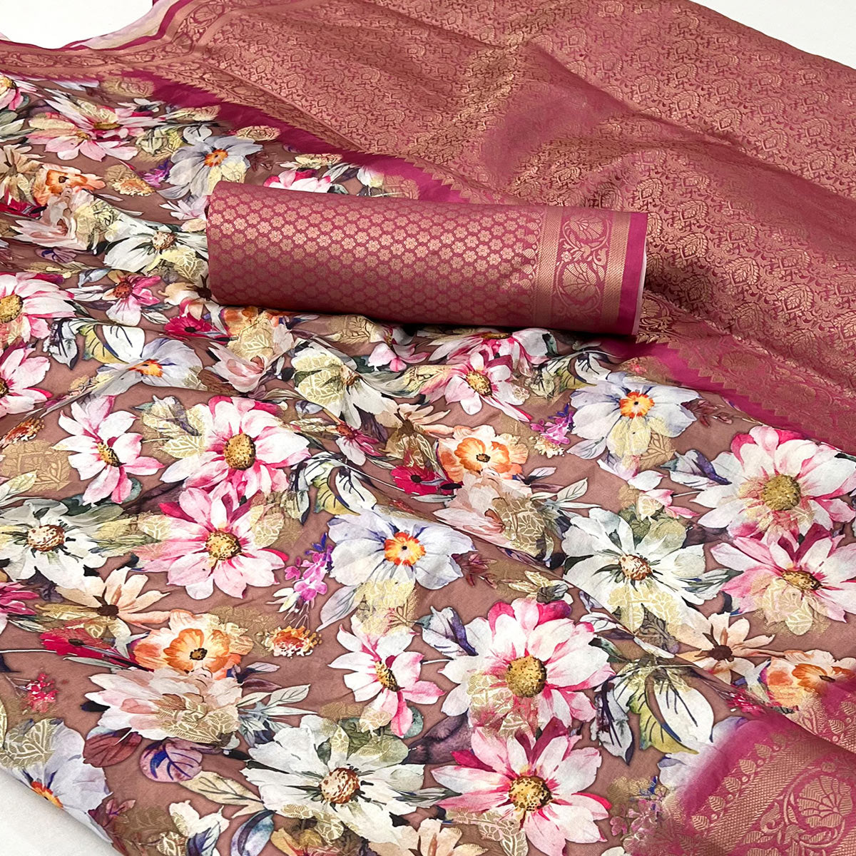 Brown Floral Digital Printed With Woven Border Cotton Silk Saree