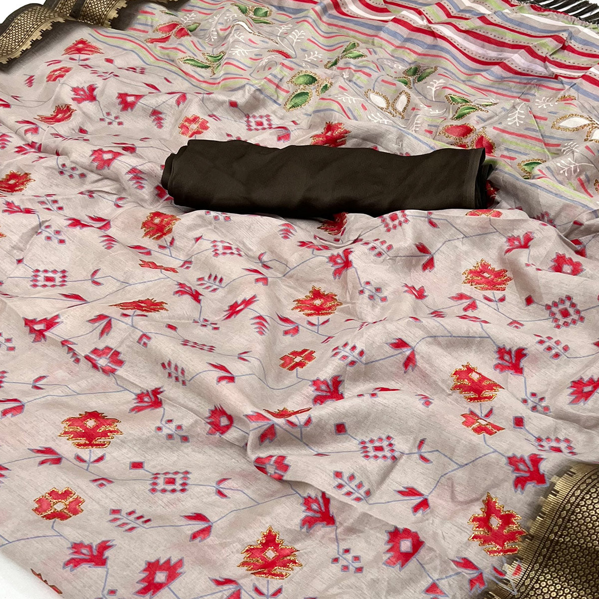 Beige Floral Printed With Woven Border Dola Silk Saree