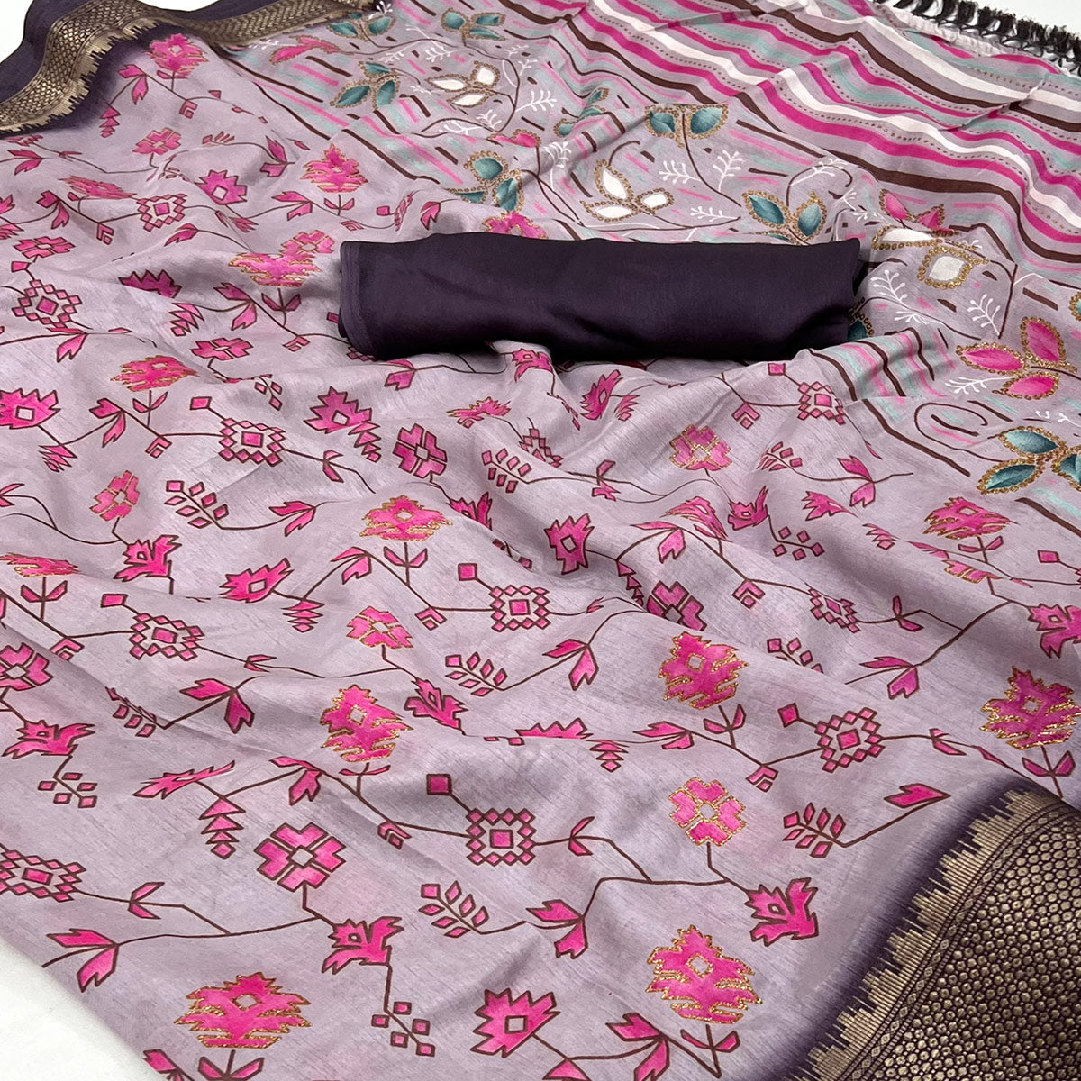 Light Purple Floral Printed With Woven Border Dola Silk Saree