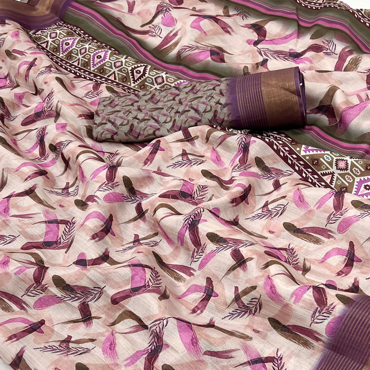 Beige Digital Printed With Woven Border Cotton Silk Saree
