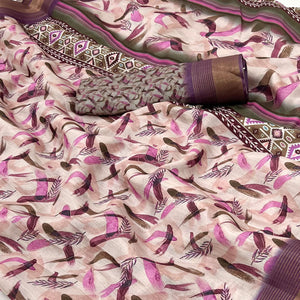 Beige Digital Printed With Woven Border Cotton Silk Saree