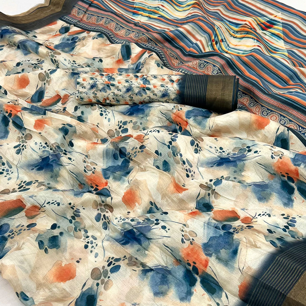 Cream Digital Printed With Woven Border Cotton Silk Saree