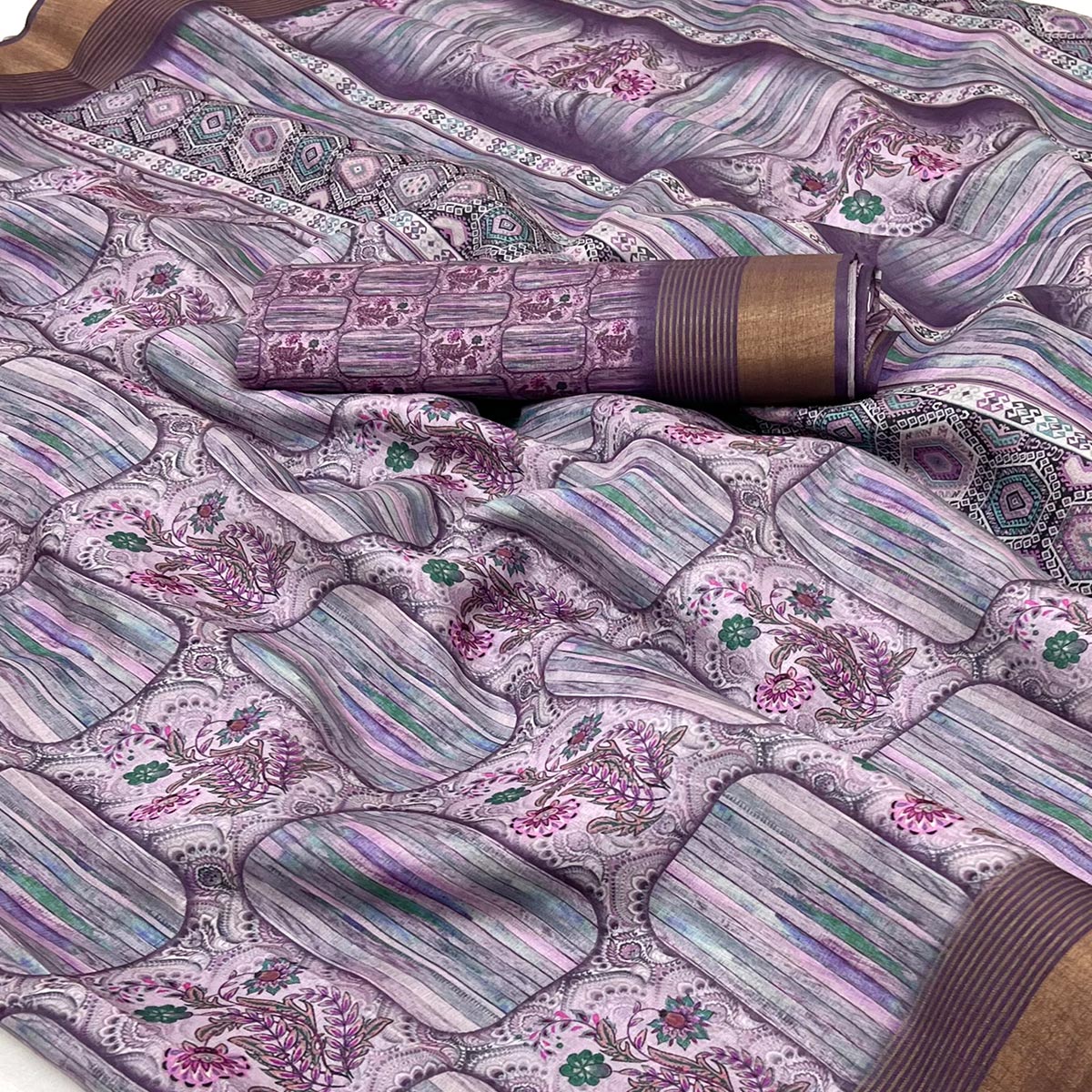 Purple Digital Printed With Woven Border Cotton Silk Saree