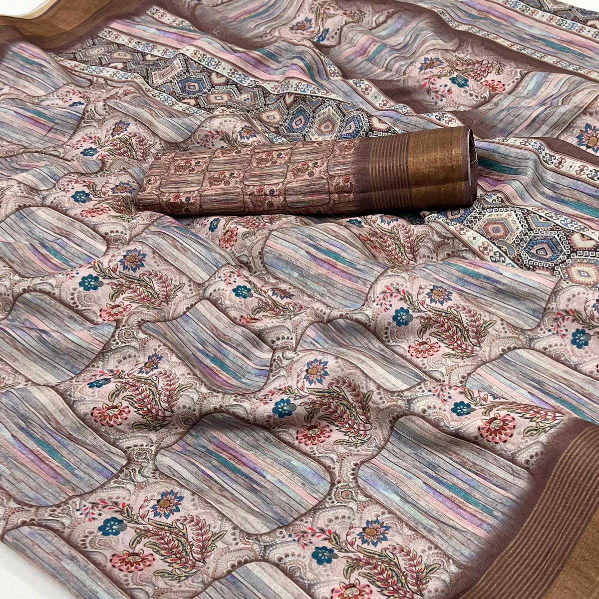 Beige Digital Printed With Woven Border Cotton Silk Saree