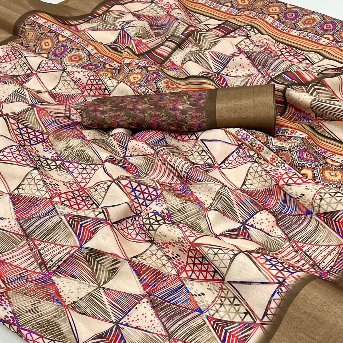 Beige Digital Printed With Woven Border Cotton Silk Saree