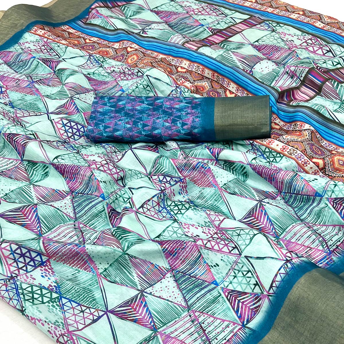 Turquoise Digital Printed With Woven Border Cotton Silk Saree