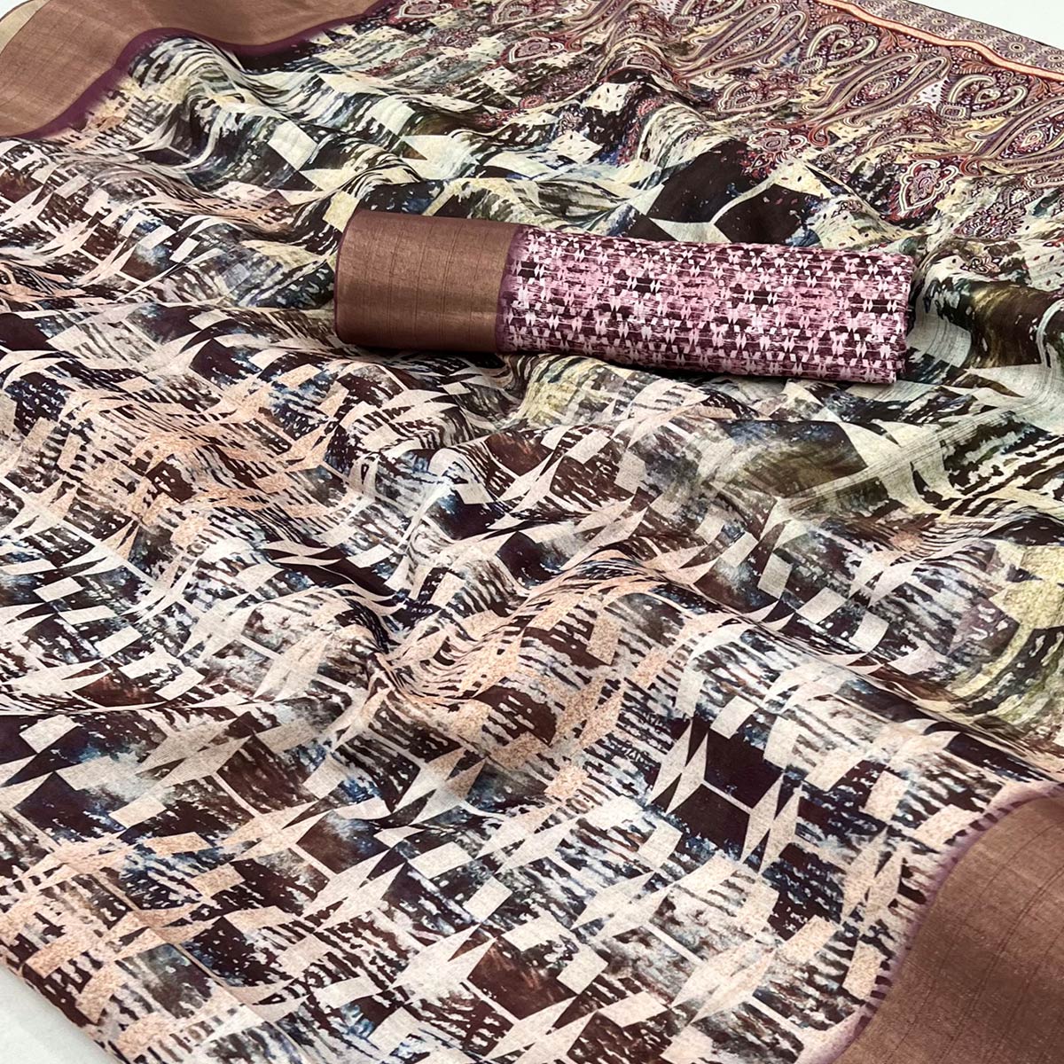 Brown Digital Printed With Woven Border Cotton Silk Saree