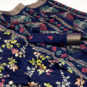 Blue Floral Printed Cotton Silk Saree
