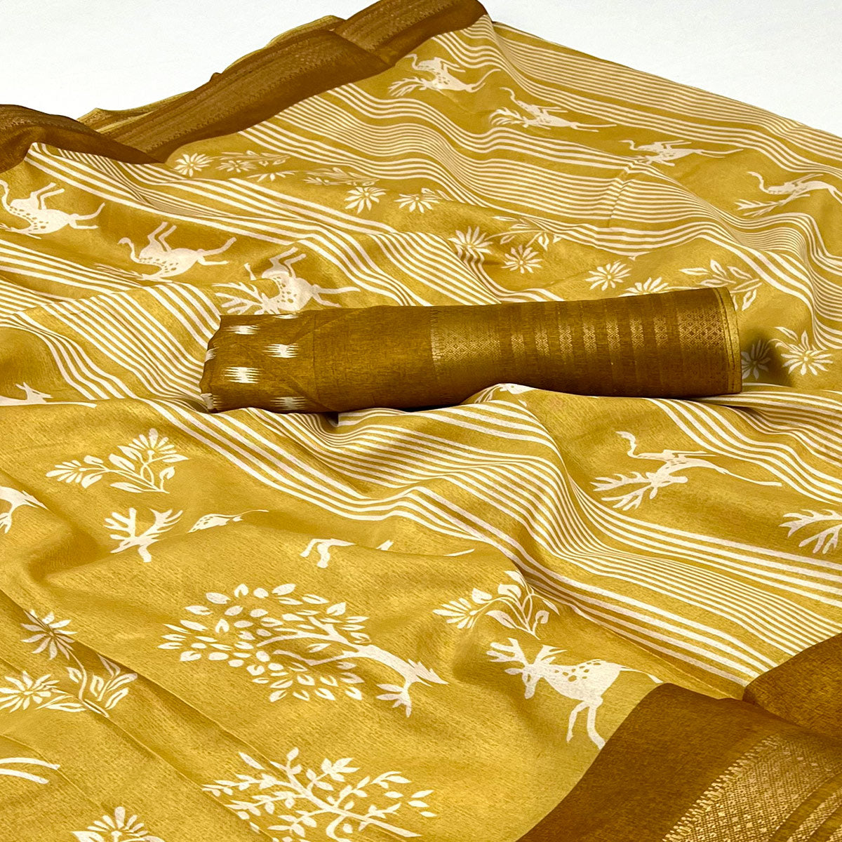 Mustard Printed Dola Silk Saree With Woven Border