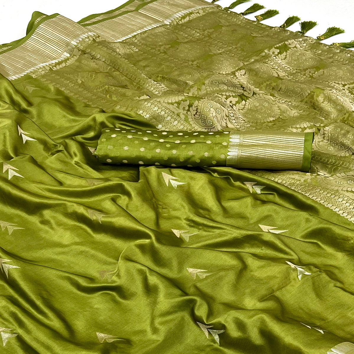 Green Woven Satin Silk Saree With Tassels